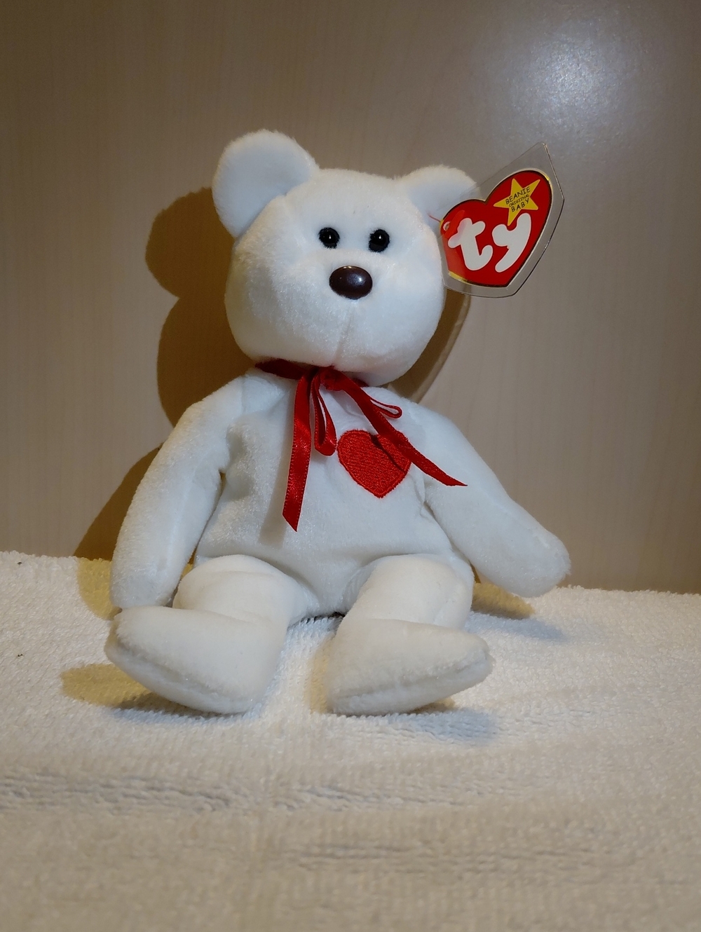 Ty White Bear Plush with Red Heart and Ribbon